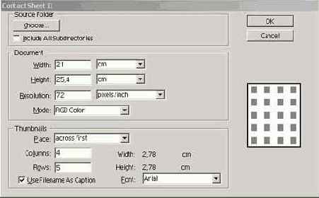 Диалоговое окно Contact Sheet